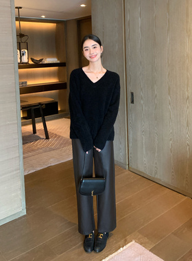 Maven Lin【现货6折】黑色PU皮裤休闲阔腿裤女高腰显瘦直筒长裤子