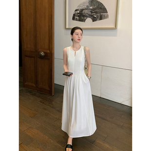 连衣裙女圆领小V开口收腰气质白色长裙 奢美高级感无袖 Maven Lin