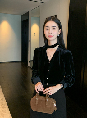 Maven Lin 飘带设计 高级感丝绒衬衫女收腰v领醋酸衬衣显瘦上衣