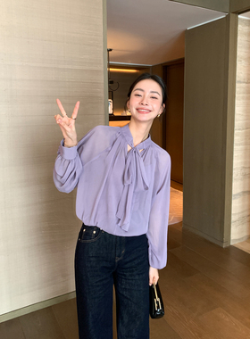 Maven Lin 气质千金风紫色衬衫显白上衣女设计感微透两面穿衬衣