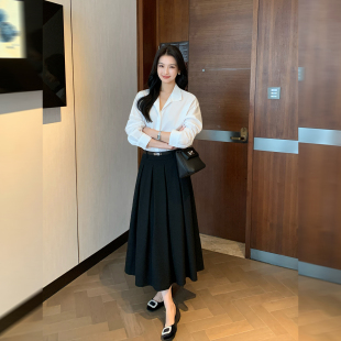 黑色高腰百褶裙女气质宽松大摆裙a字中长裙 典雅通勤款 Maven Lin