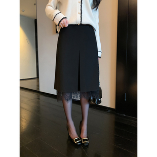 黑色蕾丝拼接半身裙女气质倒V开叉直筒中裙 智性职场 Maven Lin