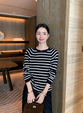 Maven Lin 莱赛尔羊毛|极简松弛感条纹针织衫女气质宽松轻薄上衣