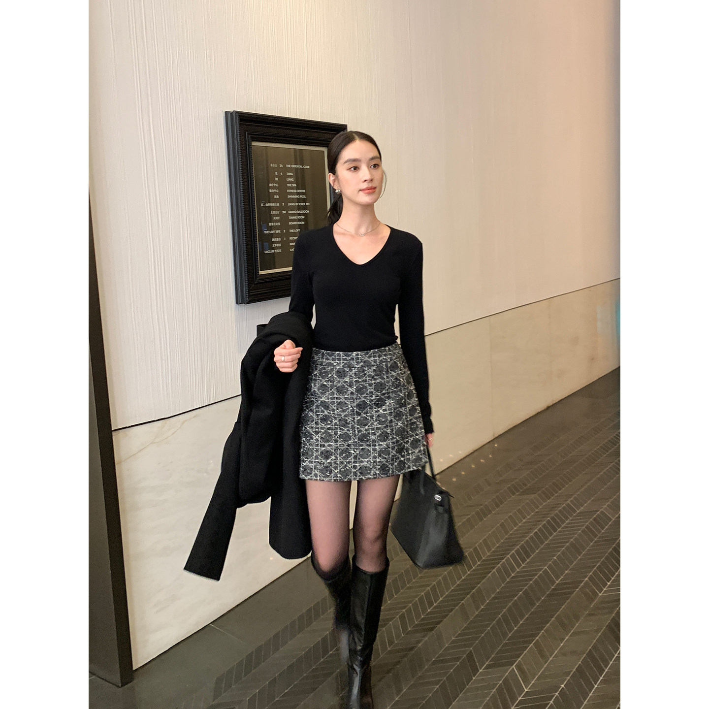 Maven Lin 千金贵气 菱格纹高腰a字半身裙女优雅小香风包臀短裙