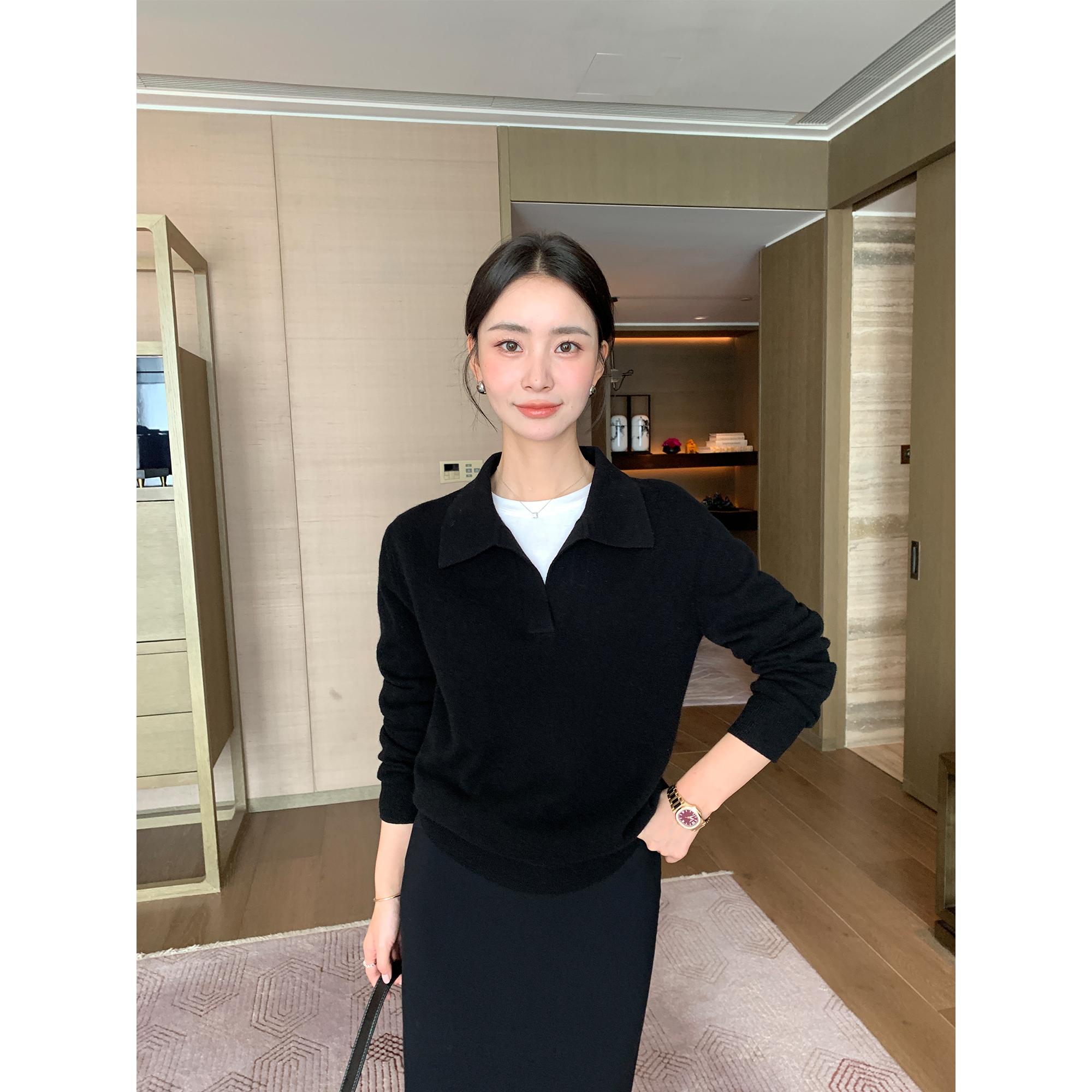 Maven Lin 智性法则 老钱风polo领套头毛衣女100%羊毛针织衫上衣