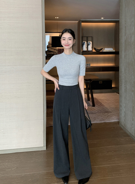 Maven Lin 深灰色条纹西装休闲裤春秋新款通勤宽松阔腿裤长裤子