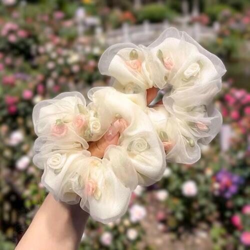 玫瑰花网纱大肠发圈女法式扎头发绳气质橡皮筋高弹力耐用头饰皮套