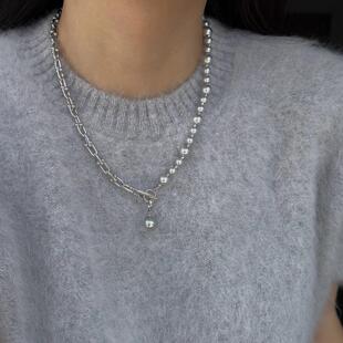 MaisonCleo「通勤时光」百搭珍珠拼接马蹄扣项链气质网红毛衣链女