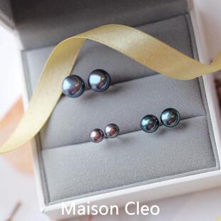 MaisonCleo「时尚轻熟」纯银天然淡水黑灰色珍珠耳钉女小众设计感