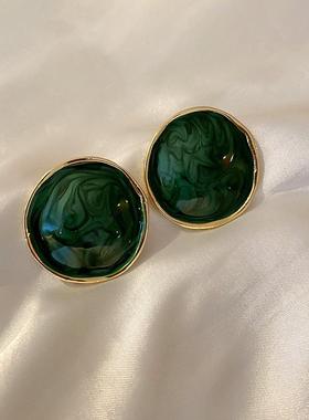 MaisonCleo银针复古滴油绿色圆形彩釉耳钉欧美简约气质网红几何高