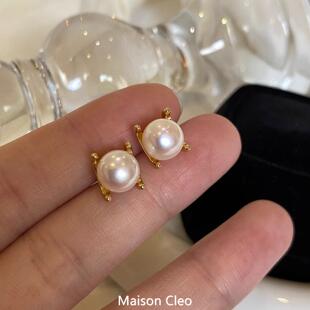 MaisonCleo「甜美少女」牛头耳钉天然淡水小巧珍珠耳环气质温柔女