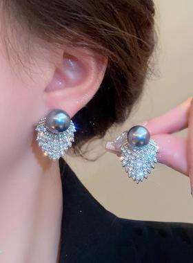 MaisonCleo灰色仿珍珠耳饰耳钉女简约气质耳坠法式设计镶钻潮耳环