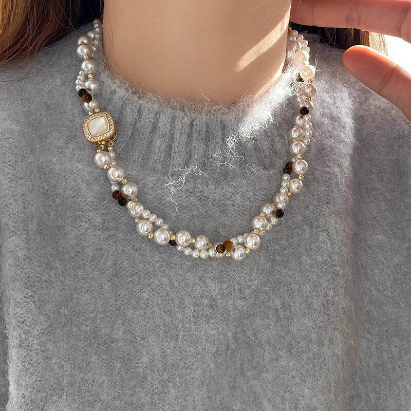 MaisonCleo「我自成风」虎眼石双层珍珠毛衣链女新款小众锁骨链潮