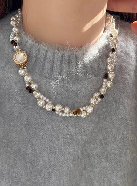 MaisonCleo虎眼石双层珍珠毛衣链
