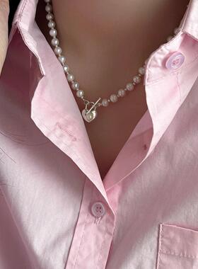 法式纯银爱心珍珠锁骨链女