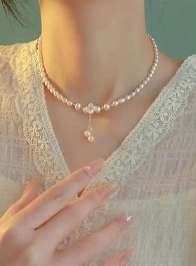 MaisonCleo小米粒珍珠白色花朵项链女颈链锁骨链毛衣链优雅复古百