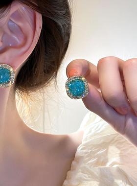 MaisonCleo圆形天然石方形蓝色耳钉2025年新款耳环小众设计感耳饰