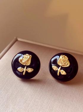 MaisonCleo黑色立体玫瑰花小香风耳钉女小众气质耳环新款复古耳饰