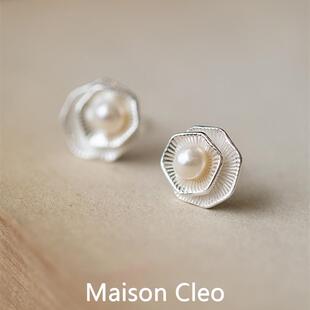 MaisonCleo「天生丽质」一念纯银耳钉几何形莲花天然淡水珍珠耳饰