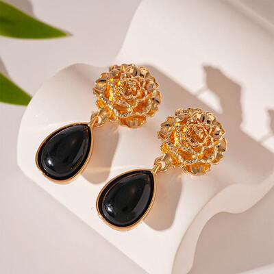 树脂复古银针-黑色水滴花朵耳坠