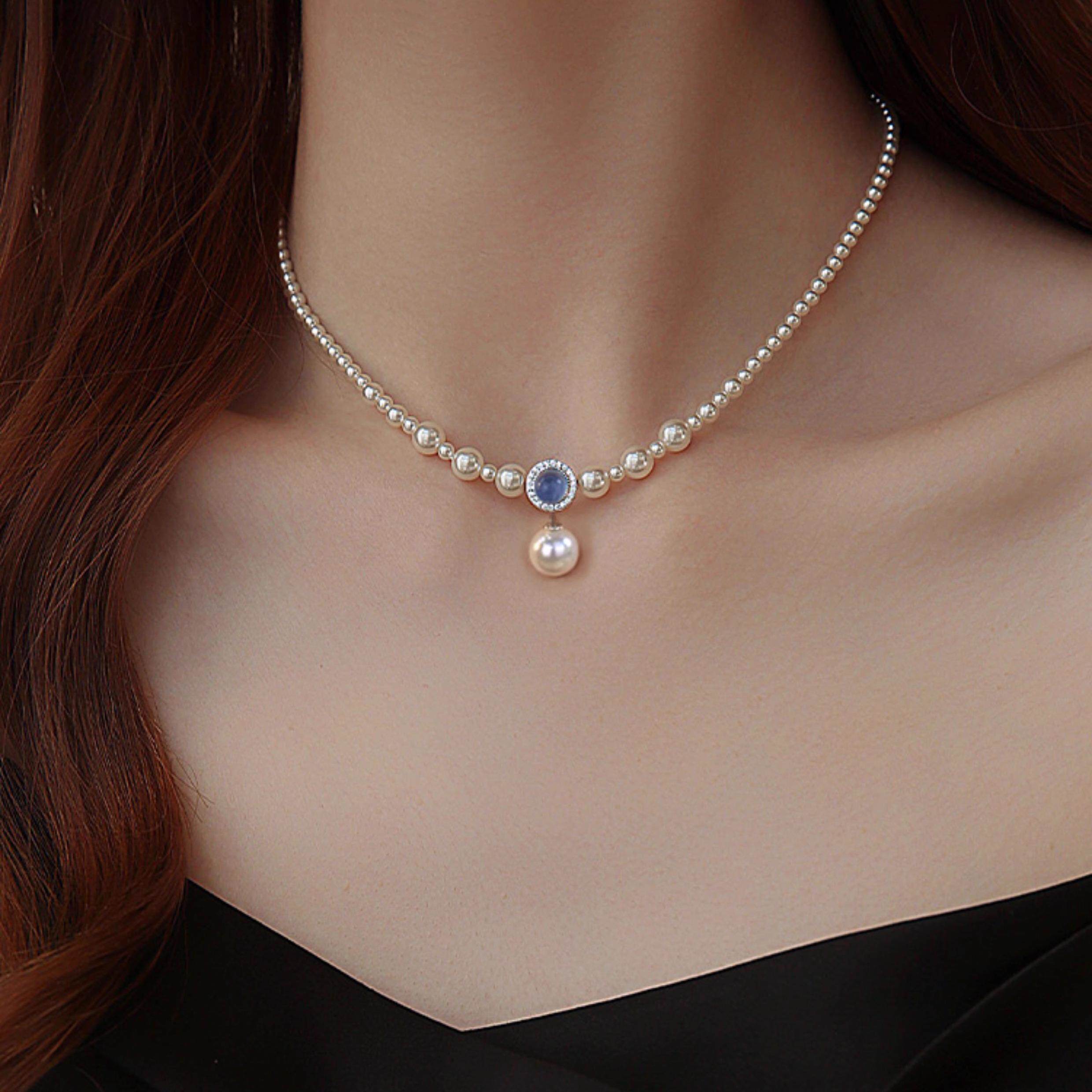 MaisonCleo气质蓝宝石珍珠小米珠项链女新款个性颈链吊坠配饰锁骨