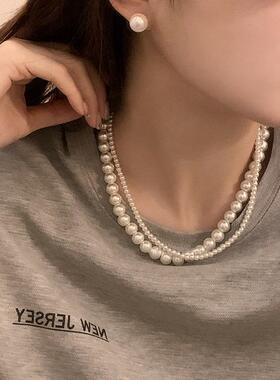 法式冷淡风双层珍珠锁骨链新款