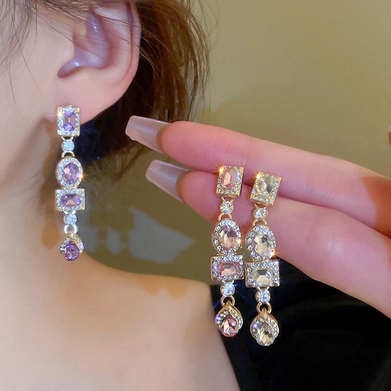 MaisonCleo轻奢超闪镶钻方形椭圆水滴几何银针耳环时尚长款高级感