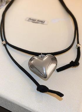MaisonCleo个性嘻哈黑色皮革爱心项链时尚小众可调节气质高级感锁