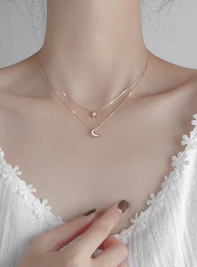 众星拱月星月双层纯银锁骨链