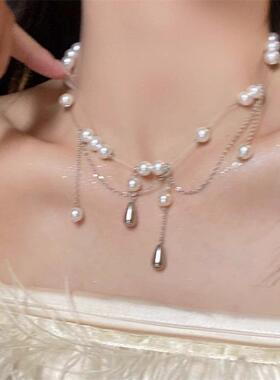 法式气质水滴珍珠流苏锁骨链