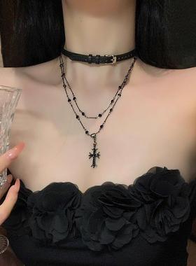 MaisonCleo黑色十字架女长款叠戴2项链配饰锁骨链甜酷颈链