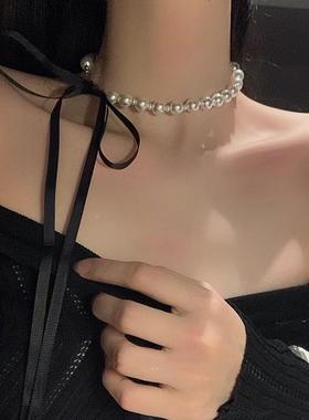 MaisonCleo黑色丝带蝴蝶结珍珠项链女时尚款夏天锁骨链颈链项圈配