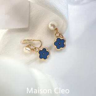 MaisonCleo「女神私藏」茶系耳钉女天然珍珠蓝色无耳洞蚊香盘耳夹