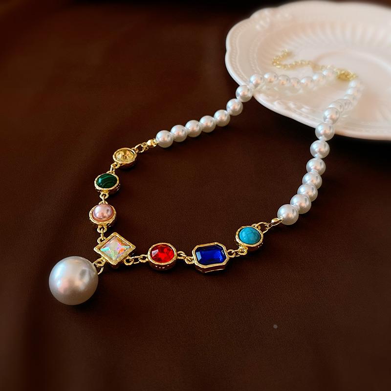 MaisonCleo复古彩色水晶方形几何珍珠项链法式宫廷风气质高级锁骨