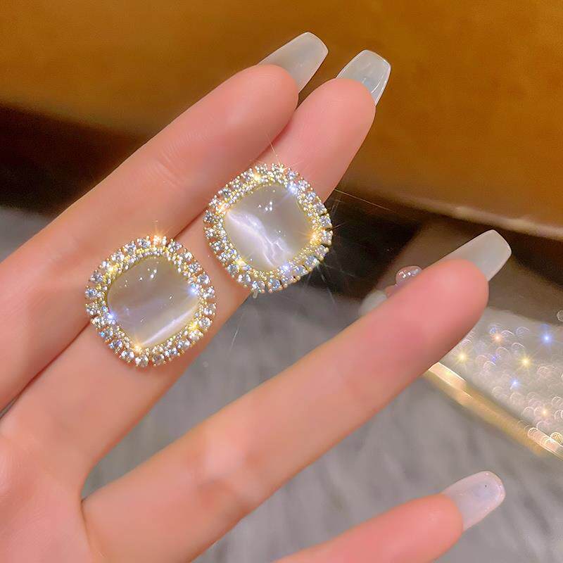 MaisonCleo925银针水钻镶边猫眼石小巧耳钉耳环2026年新款女气质