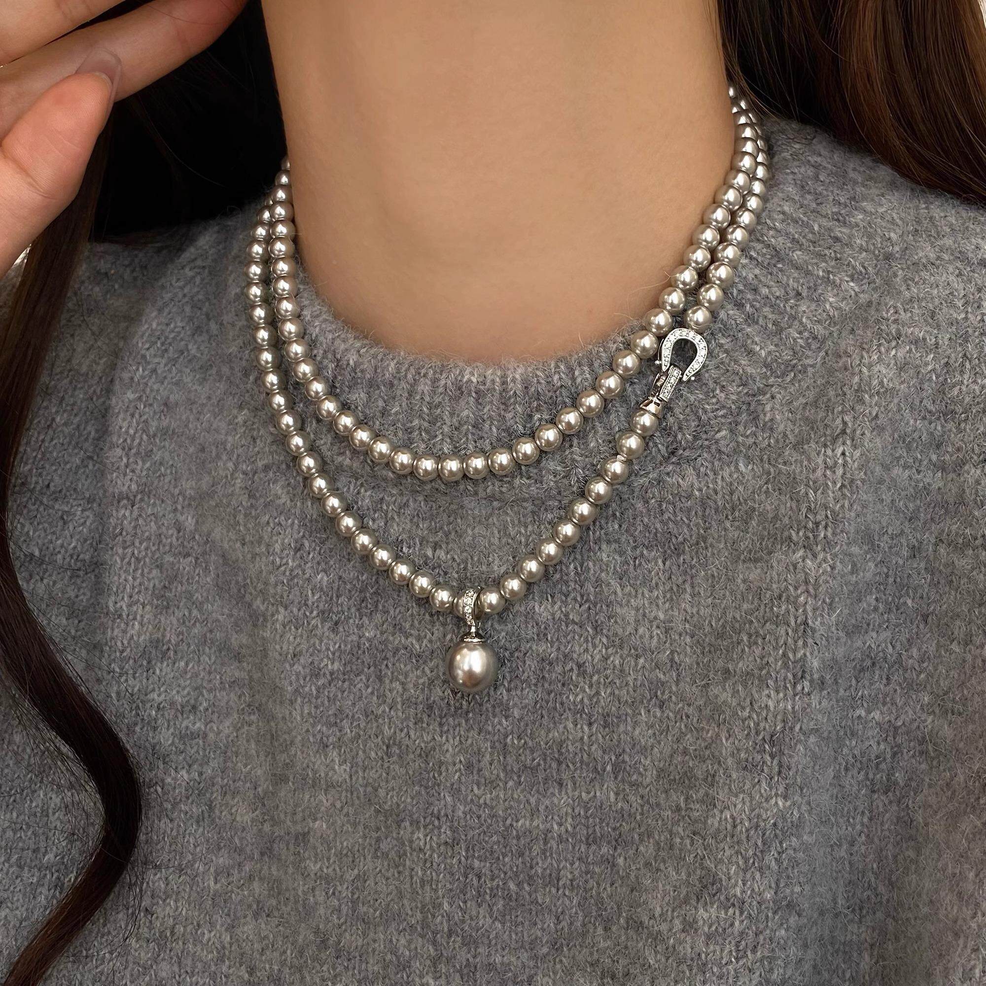 MaisonCleo「质感出挑」长款珍珠秋冬灰色项链女轻奢高端毛衣链潮