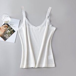 真丝性感蕾丝花边V领小背心 螺纹高弹舒适不勒桑蚕丝遮肉显瘦吊带