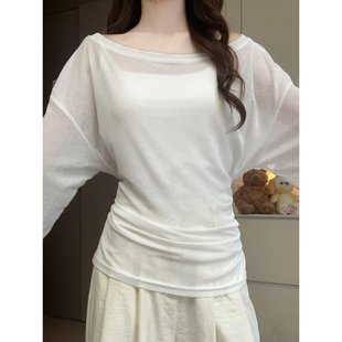 防晒罩衫薄纱上衣女吊带两件套斜肩露肩薄款收腰绑带夏日轻薄夏季