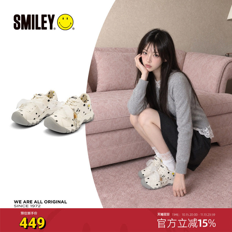 SMILEY笑脸白色大头波点丝带蝴蝶结双鞋带女休闲厚底增高慢跑鞋子