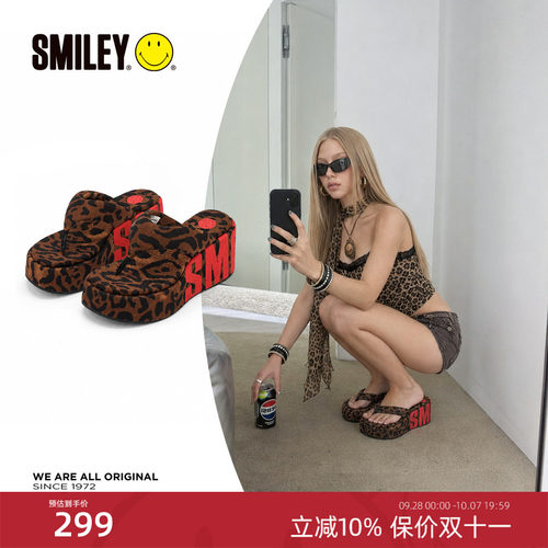 SMILEY笑脸高跟豹纹人字夹脚拖鞋