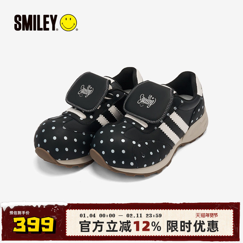 SMILEY笑脸蘑菇系列黑色女丑萌波点翻盖圆头增高慢跑鞋复古休闲鞋