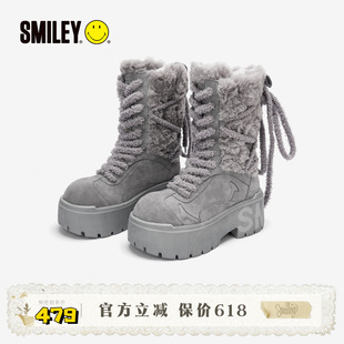 SMILEY笑脸长款 子 绑带雪地靴灰冬保暖增高潮流女休闲大头厚底棉鞋