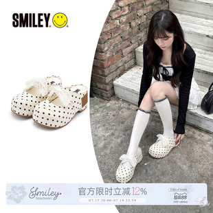 【鞠婧祎同款】SMILEY笑脸波点白色蕾丝玛丽珍厚底高跟增高半拖鞋