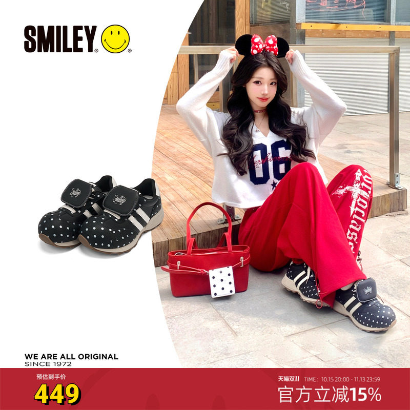 SMILEY笑脸蘑菇系列黑色女丑萌波点翻盖圆头增高慢跑鞋复古休闲鞋