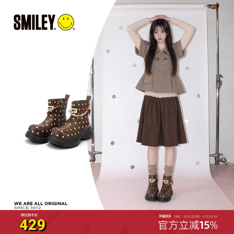 SMILEY笑脸棕色美拉德秋季波点复古拉链韩系增高女时装短靴子