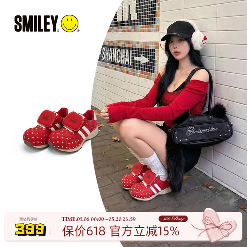 SMILEY笑脸红色波点女翻盖慢跑鞋