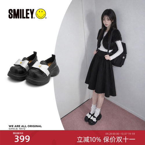 笑脸黑色蝴蝶结小个子女德比鞋子