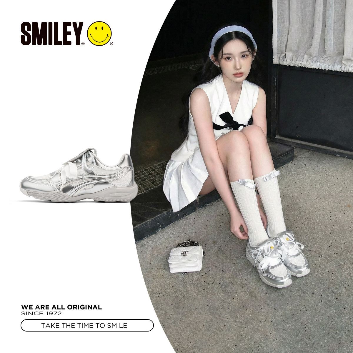 SMILEY笑脸双色物语系列银白色蕾丝芭蕾风慢跑鞋温柔德训鞋休闲鞋