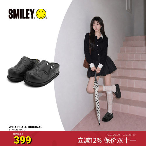 SMILEY笑脸黑色女小个子半拖鞋子