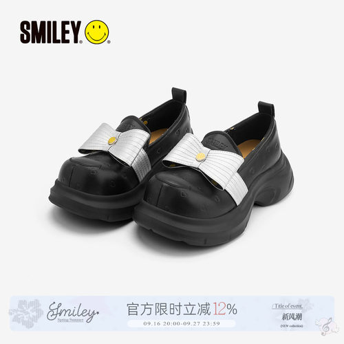 笑脸黑色蝴蝶结小个子女德比鞋子